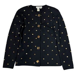 Vintage Studded Wool Sweater Jacket Size M Black Gold Corporate Goth Dallas Glam